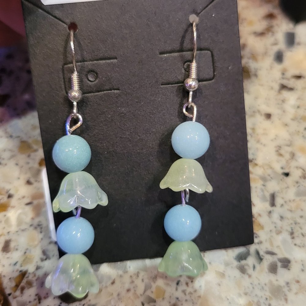 Flower glass bell with round glass beads, 925 sterling silver